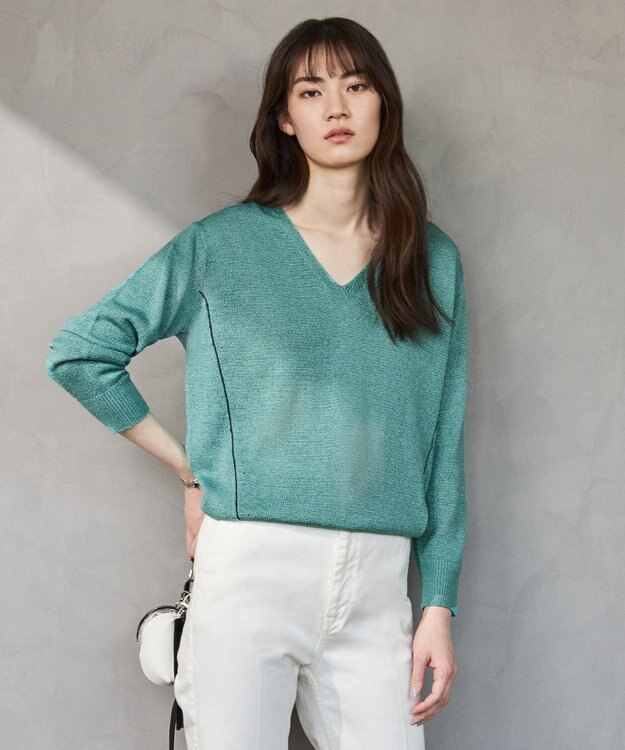 ICB 【WEB限定カラーあり・洗える】ペーパーブレンドシャインニット Vネックプルオーバー ジェイド系