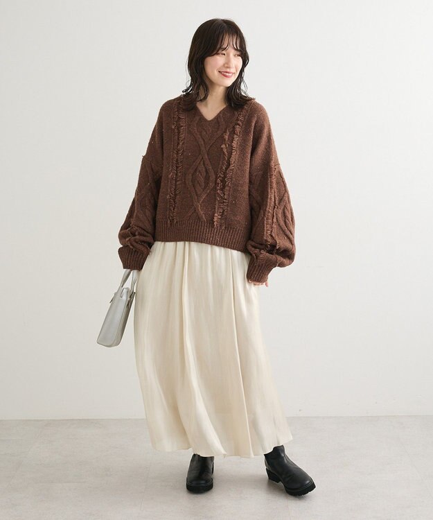 Green Parks ■ＥＳＣＡＲ　フリンジケーブルポップコーンニット Brown