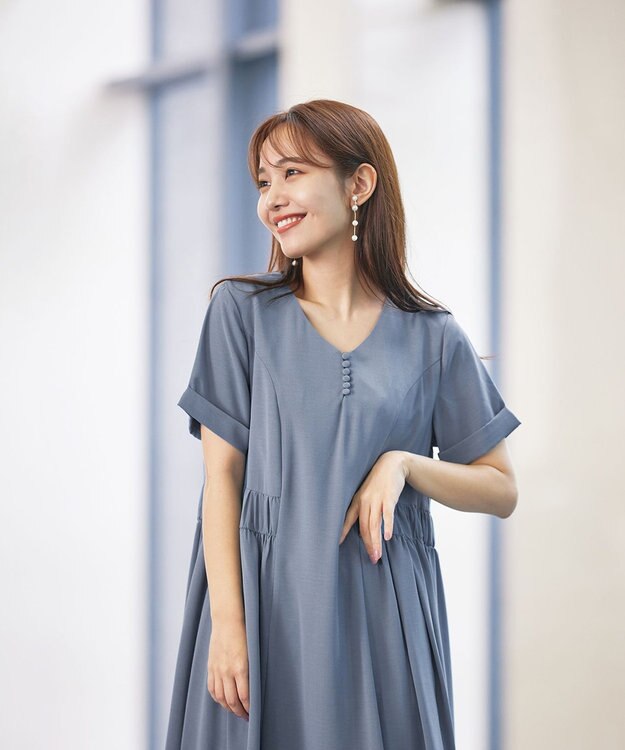 Tiaclasse 【洗える】サイドギャザーワンピース ブルー