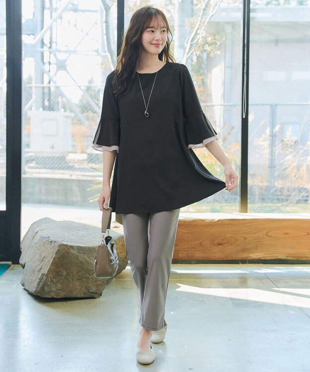 Tiaclasse 【新色追加】シフォンフレア袖チュニックブラウス ブラック