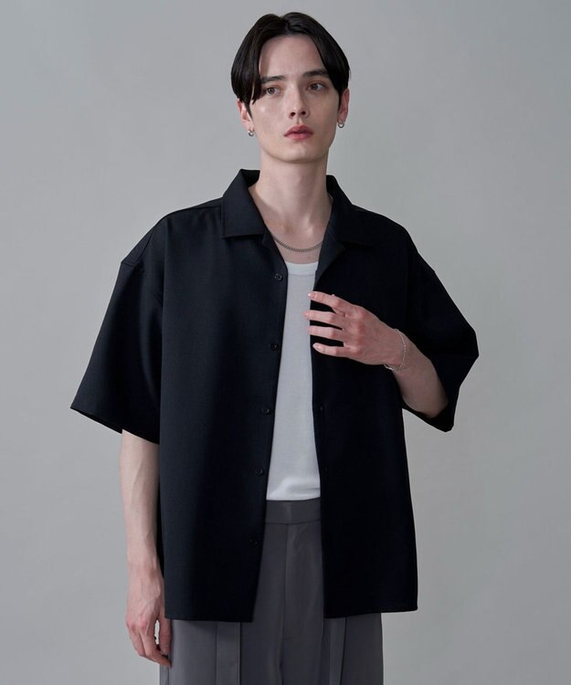 WEGO 【速乾/しわになりにくい/MLサイズ展開】ドライポリオープンカラーシャツ（SS） ブラック