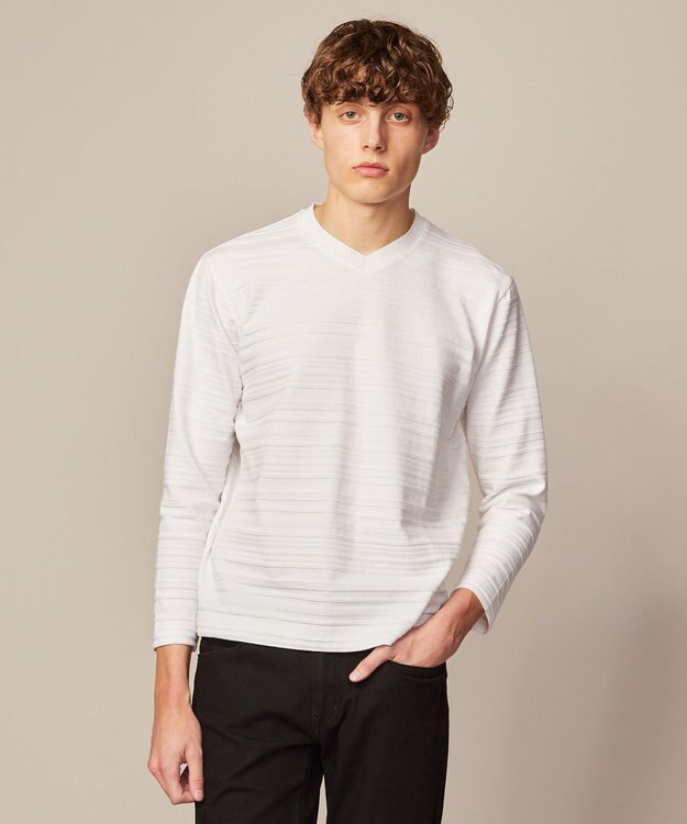 JOSEPH ABBOUD 【キングサイズ・オーガニックコットン使用】リンクスボーダー Tシャツ ホワイト系