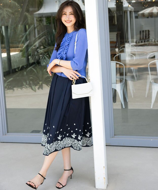 組曲 レースパネルプリント タックフレアスカート ネイビー系