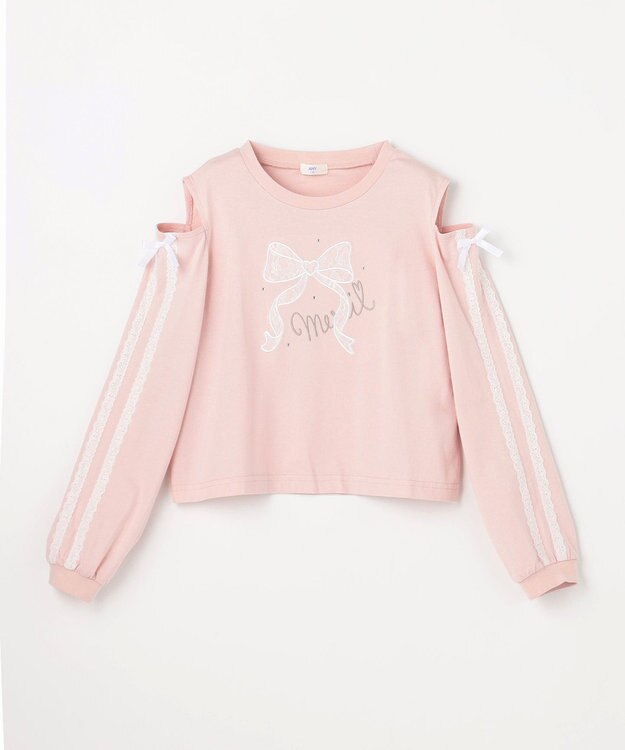 ANY KIDS 肩開きライン入り リボン長袖Tシャツ ピンク