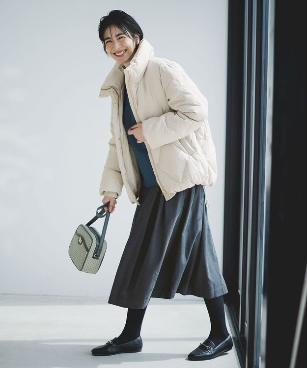 ANY クラシックラウンドショルダーバッグ ベージュ×グレー柄