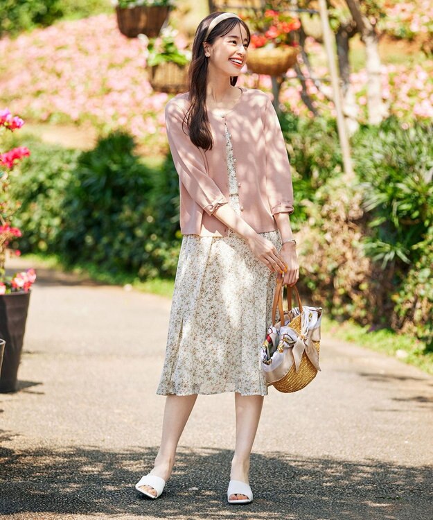 Tiaclasse L 【洗える】程良い透け感のシフォン花柄フレンチワンピース オフフラワー