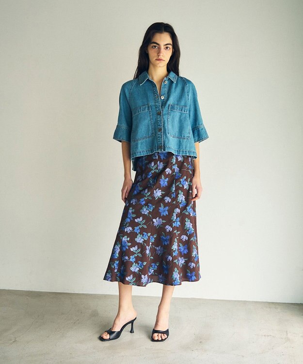 GRACE CONTINENTAL フラワー刺繍フレアスカート ブラウン