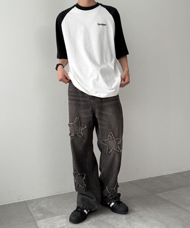 WEGO スターモチーフオーバーダイバギーパンツ ブラック