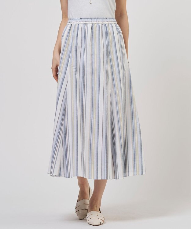 J.PRESS LADIES L リネンMIX ストライプ フレア スカート ブルーマルチ系