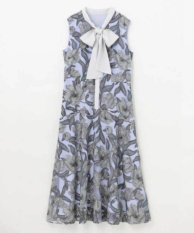 GRACE CONTINENTAL フラワー刺繍ミディドレス サックス