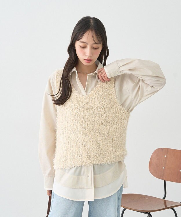 earth music&ecology ポンポンヤーンベスト Ivory