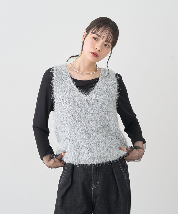 earth music&ecology ポンポンヤーンベスト Light Gray