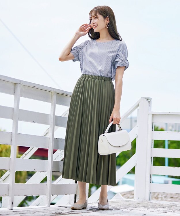 Tiaclasse 【洗える】リボン袖ブラウス ネイビーストライプ