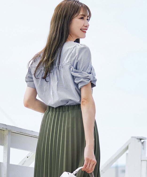 Tiaclasse L 【洗える】リボン袖ブラウス ネイビーストライプ