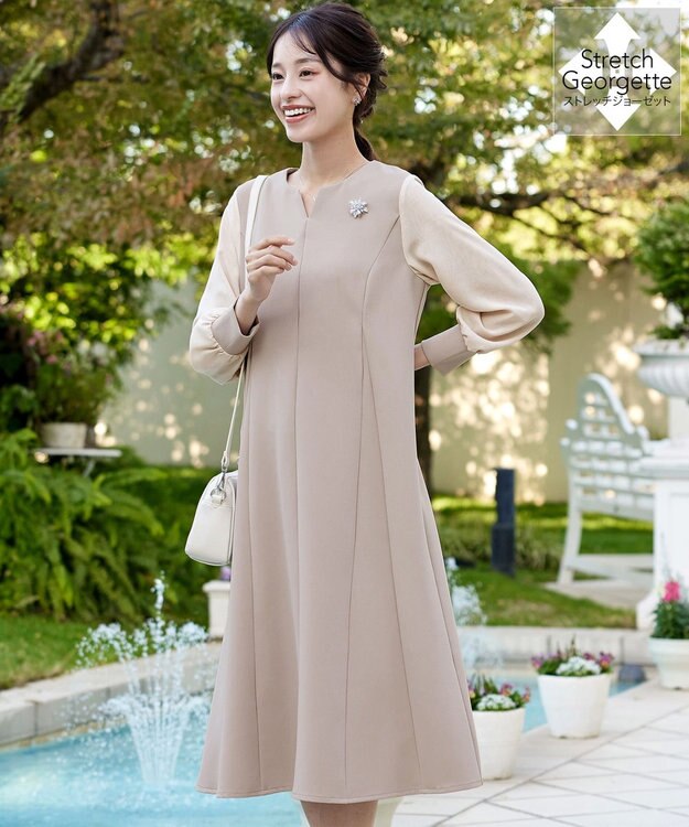 Tiaclasse L 【ストレッチジョーゼット】 シフォン袖ワンピース グレージュ