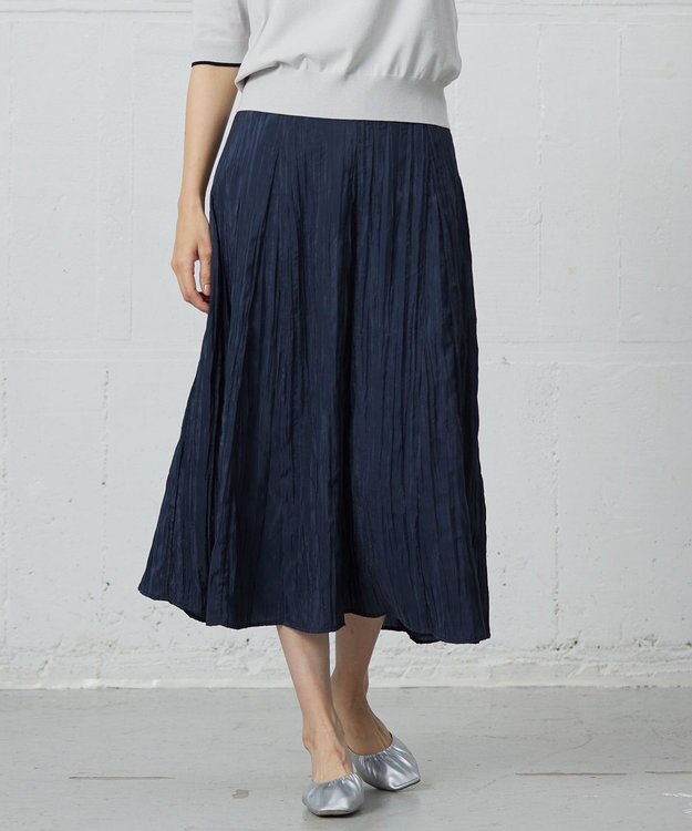 J.PRESS LADIES 【洗える】リンクルリッド フレアー スカート ネイビー系