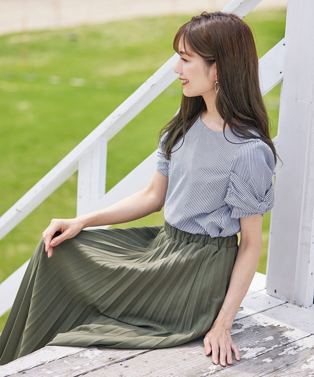 Tiaclasse 【洗える】リボン袖ブラウス ネイビーストライプ