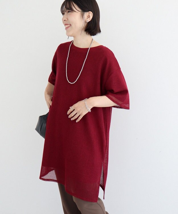 Green Parks 半袖メッシュドッキングチュニック Dark Red