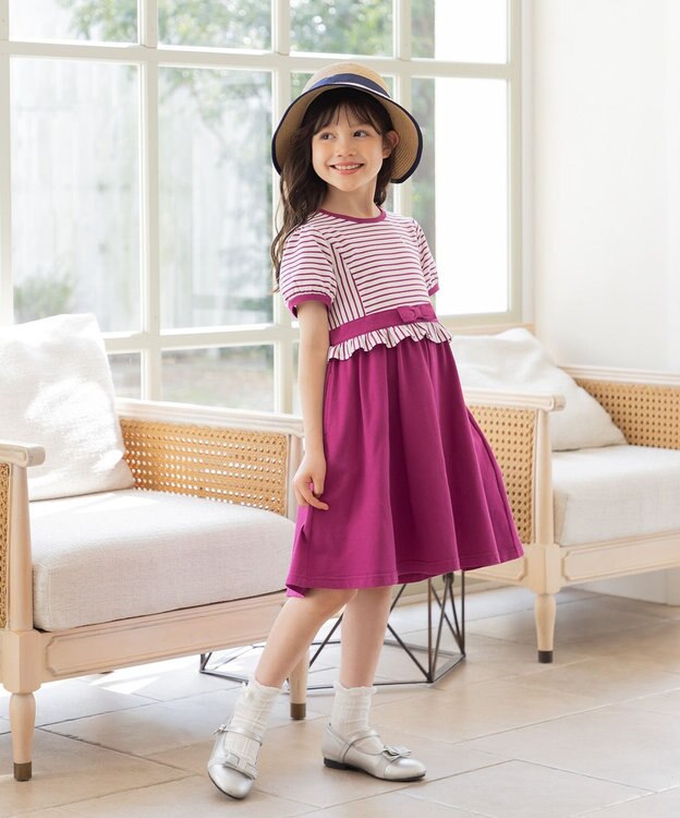 組曲 KIDS 【150-160㎝】マリンボーダー ワンピース ラズベリー