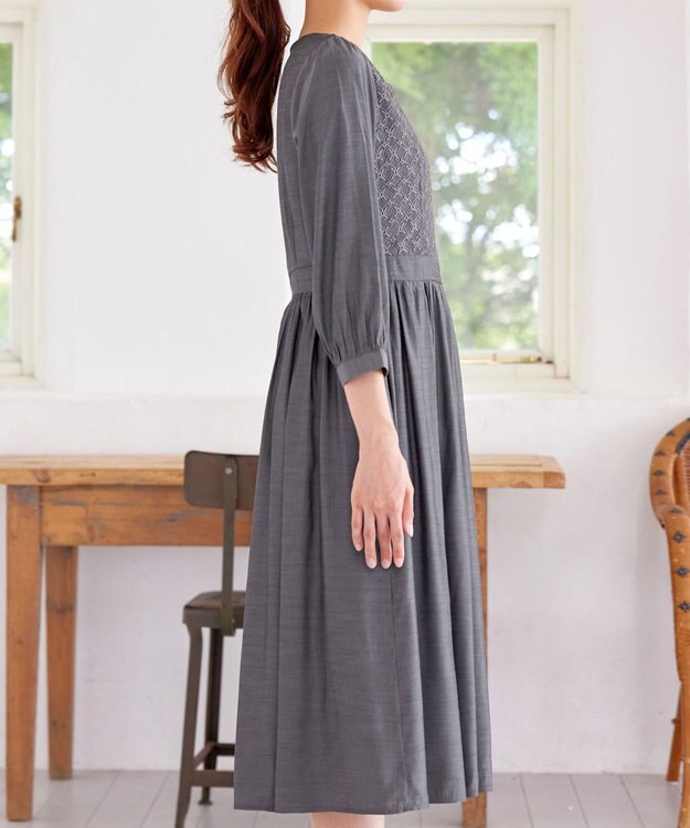 Tiaclasse L 【洗える】レース切替ワンピース チャコールグレー