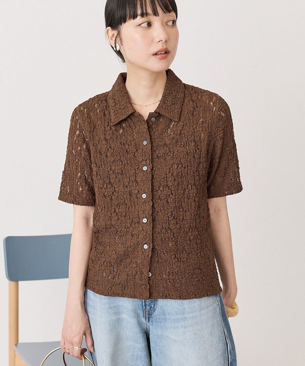 AMERICAN HOLIC 半袖襟付きレースカーディガン Brown