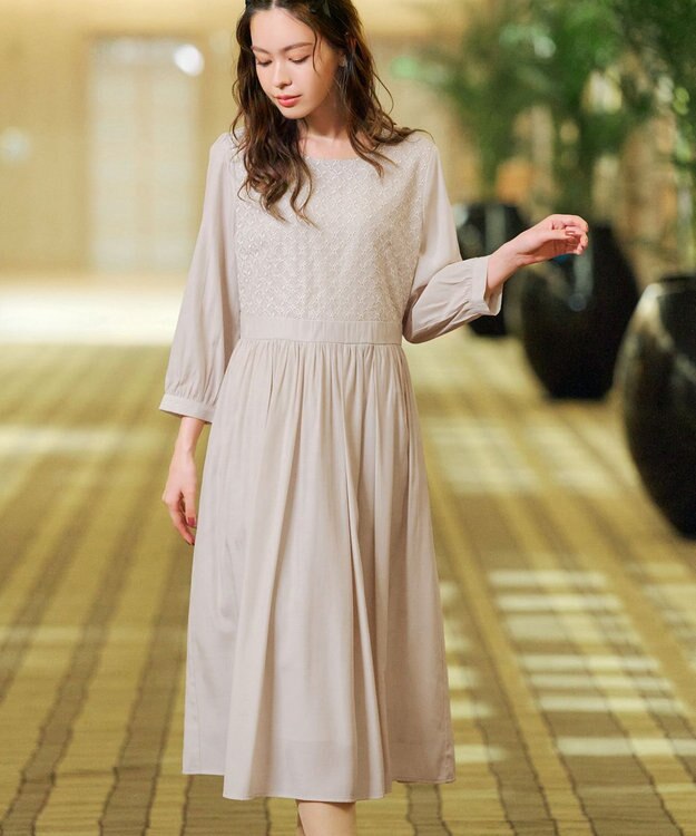 Tiaclasse L 【洗える】レース切替ワンピース ライトベージュ