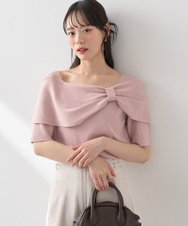 earth music&ecology リボン半袖ニットプルオーバー Pink