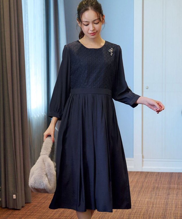 Tiaclasse L 【洗える】レース切替ワンピース ネイビー