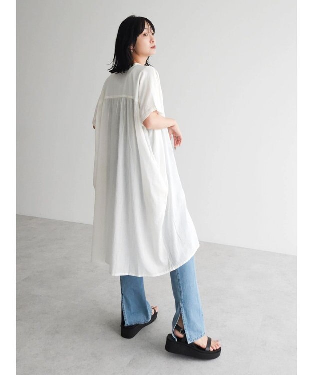 Green Parks インド綿 　ギャザー５分袖チュニック Off White