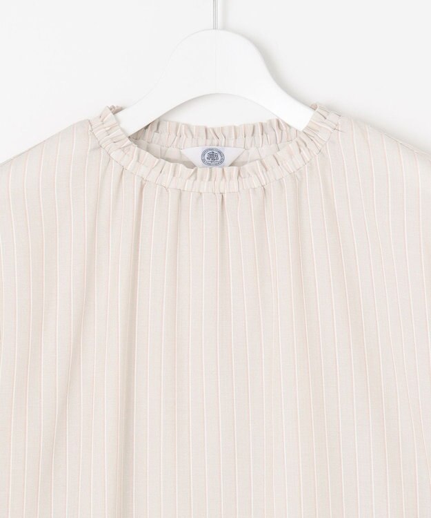 J.PRESS LADIES L 【洗える】シアーストライプ＆チェック ブラウスライク カットソー グレージュストライプ系