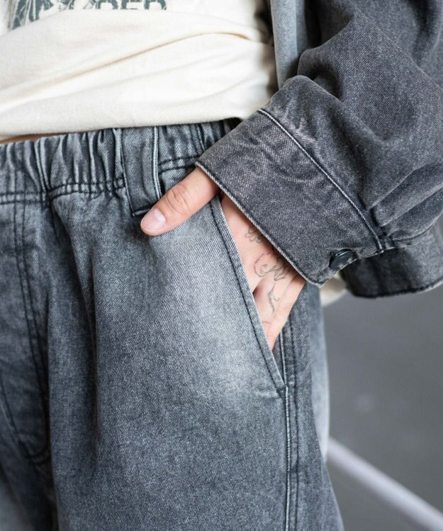 WEGO 【ウエストゴム/MLサイズ展開】ージーダブルニーパンツ デニムブラックソノタ