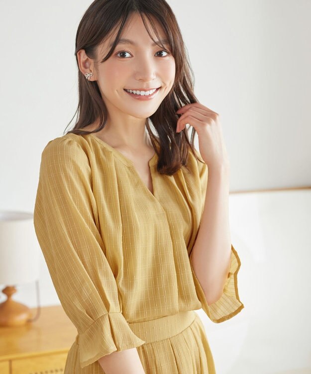 Tiaclasse L 【セットアップ対応】ドビーチェックタックパフ袖ブラウス イエロー