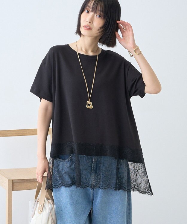 AMERICAN HOLIC 裾レース半袖プルオーバー Black