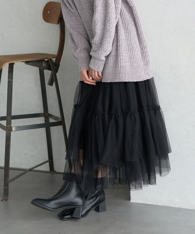 earth music&ecology イレギュラーヘム段々チュールスカート Black