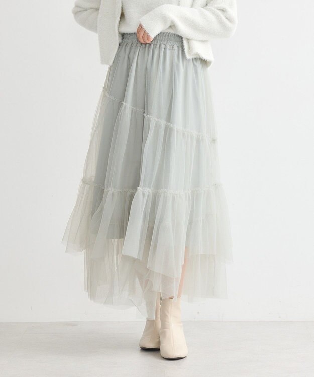 earth music&ecology イレギュラーヘム段々チュールスカート Mint Green