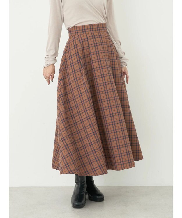 earth music&ecology チェックフレアスカート Check Brown