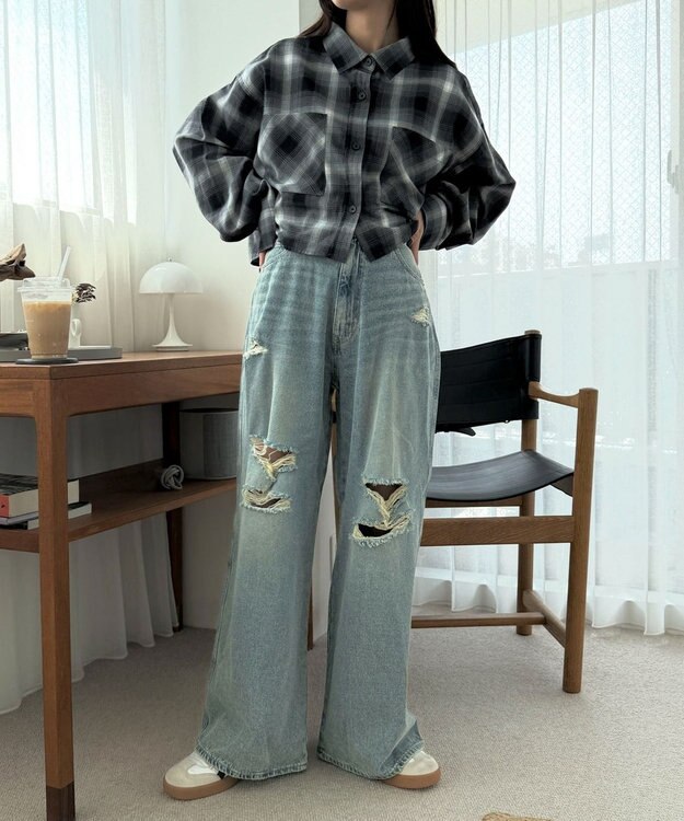 WEGO ダメージワイドデニムパンツ デニム淡加工色