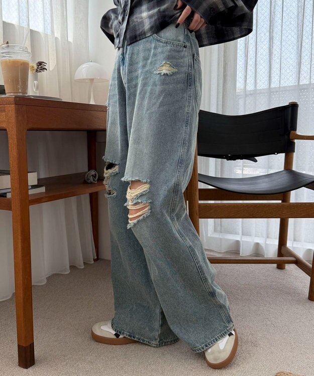 WEGO ダメージワイドデニムパンツ デニム淡加工色