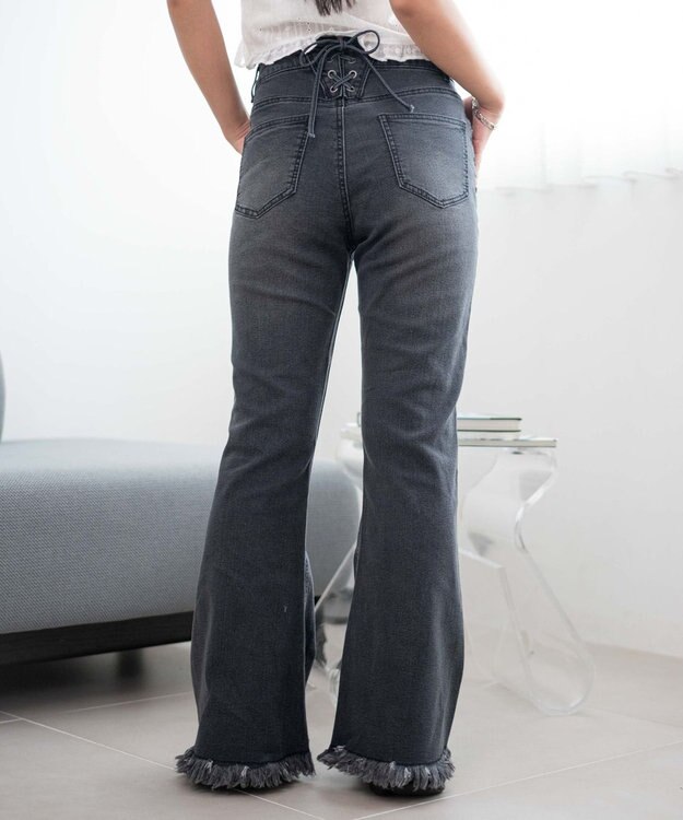 WEGO レースアップフリンジストレッチフレアデニムパンツ ブラック