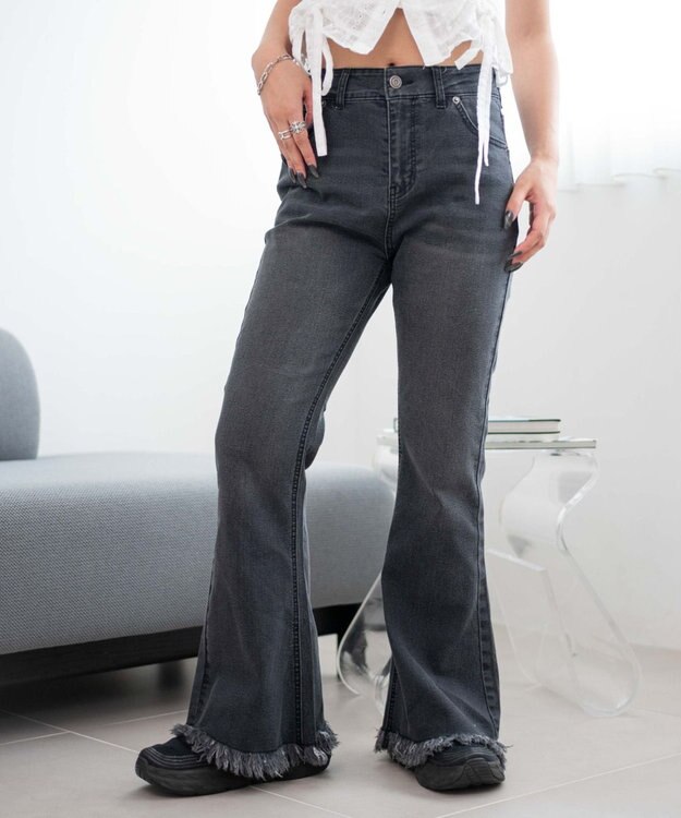 WEGO レースアップフリンジストレッチフレアデニムパンツ ブラック