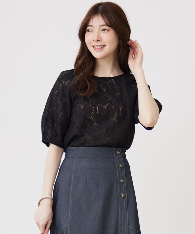 ANY SIS 【洗える】ラグランレースＴ ブラウス ブラック