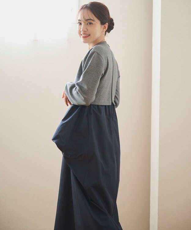 #Newans 【撥水/マシンウォッシャブル】クリオネシルエットコンビドレス グレー×ネイビー