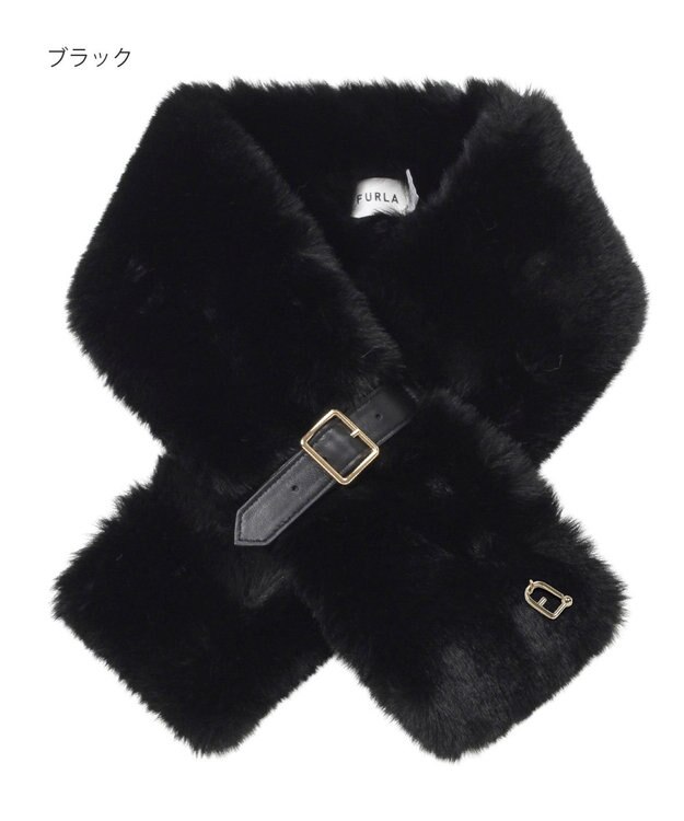 MOONBAT FURLA（フルラ）ベルト差し込みファーティペット アーチロゴ フェイクファー ブラック