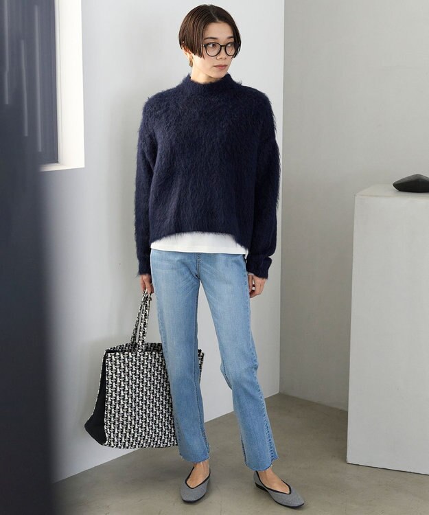 UNFILO 【洗える】アルパカシャギー ハイネッククロップドニット ネイビー