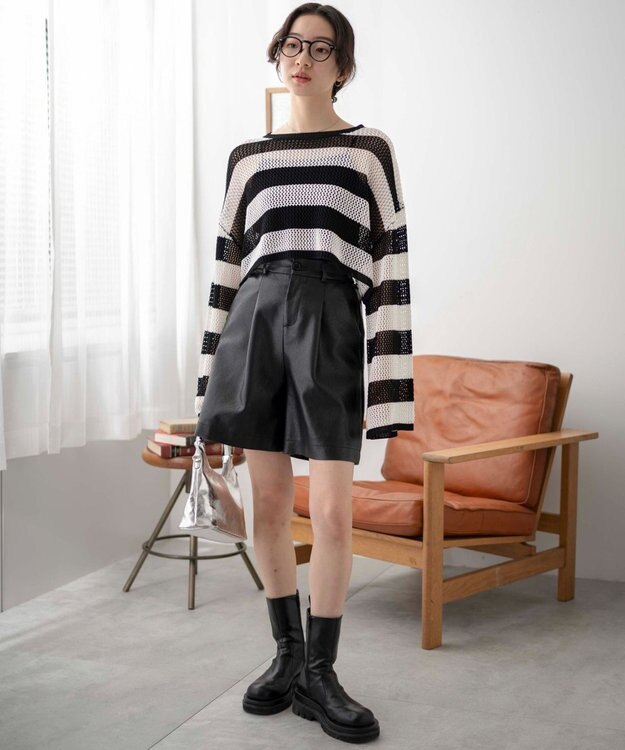 WEGO ショートメッシュニットプルオーバー ブラックボーダー