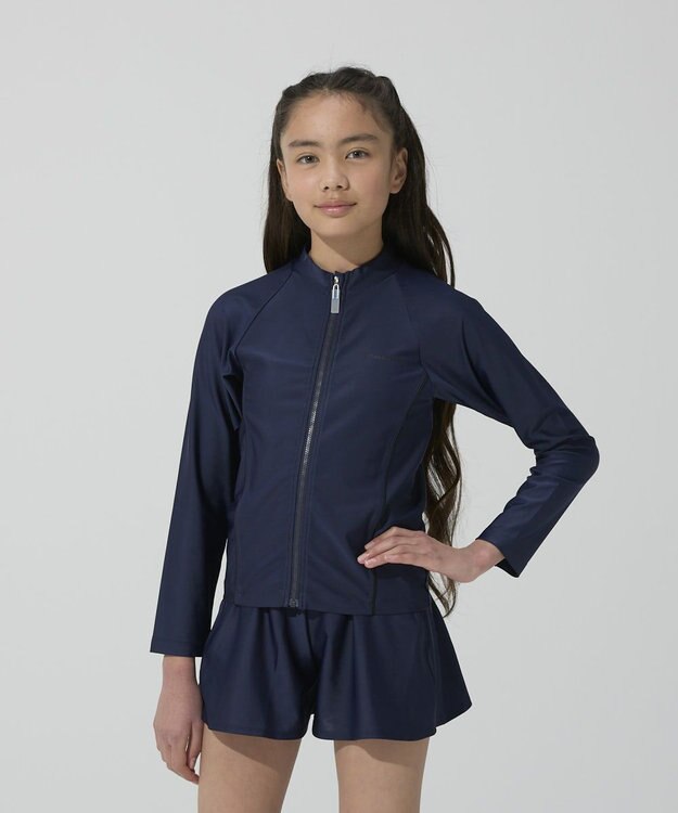 BEAMS SCHOOL 長袖フルZIPラッシュガード ネイビー×ブラック