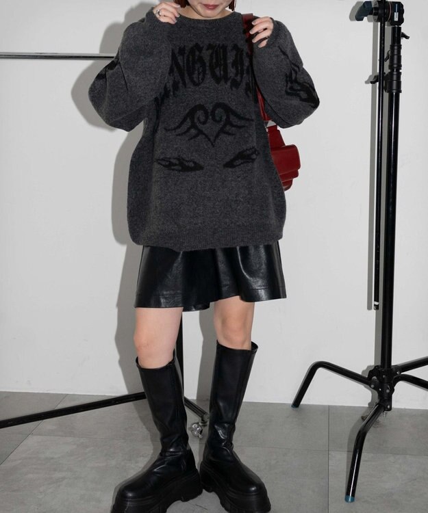 WEGO モチーフグラフィックフラッフィーニットプルオーバー ダークグレー