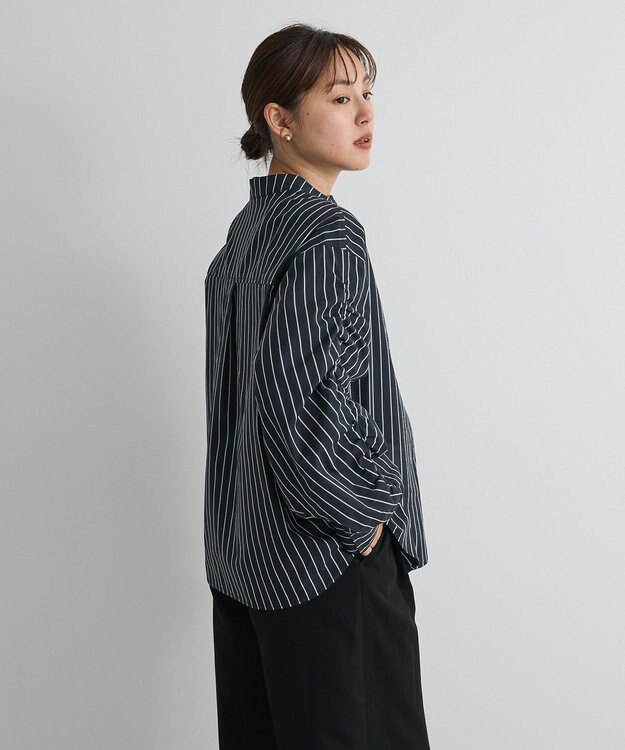CRAFT STANDARD BOUTIQUE 袖シャーリングバンドカラーシャツ Stripe Navy