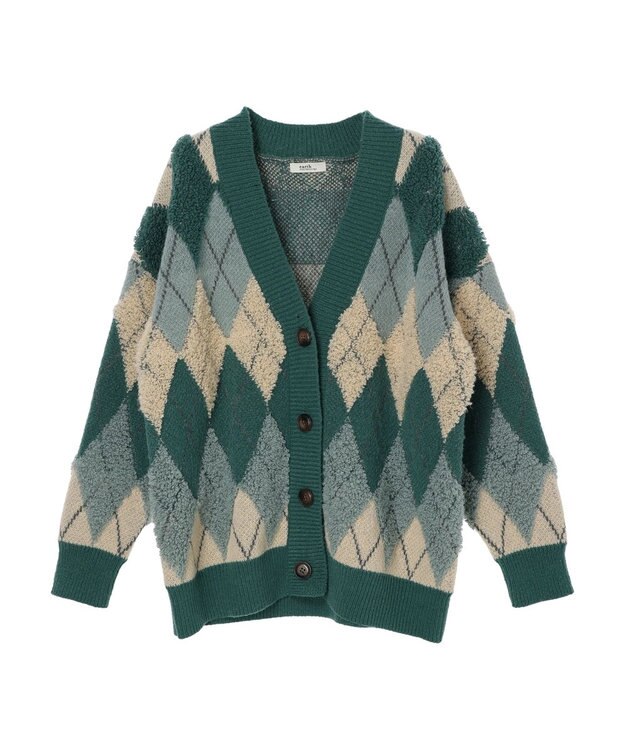 earth music&ecology ループ編みアーガイルカーディガン Green