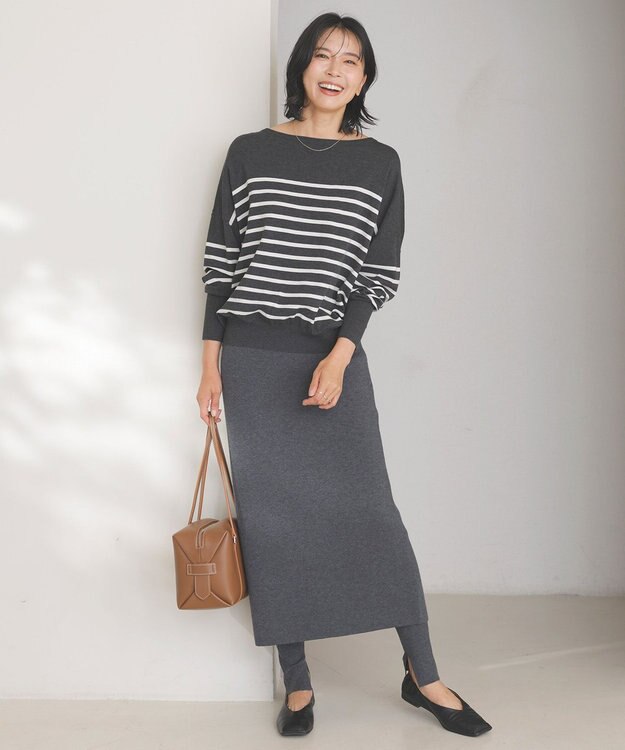 UNFILO 【洗える/抗菌防臭】マイビューティニット ドルマン チャコールボーダー